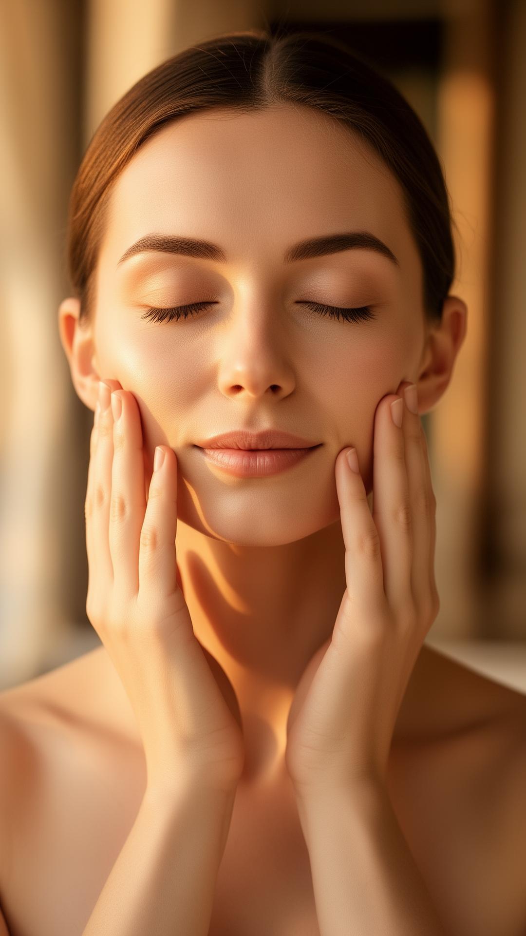 A woman in stillness, practising face yoga in soft golden light
