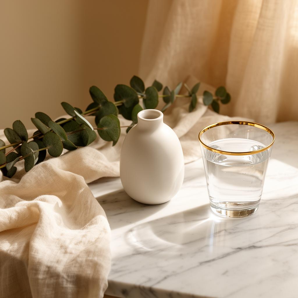 A marble surface dressed with eucalyptus, linen, and a gold-rimmed glass